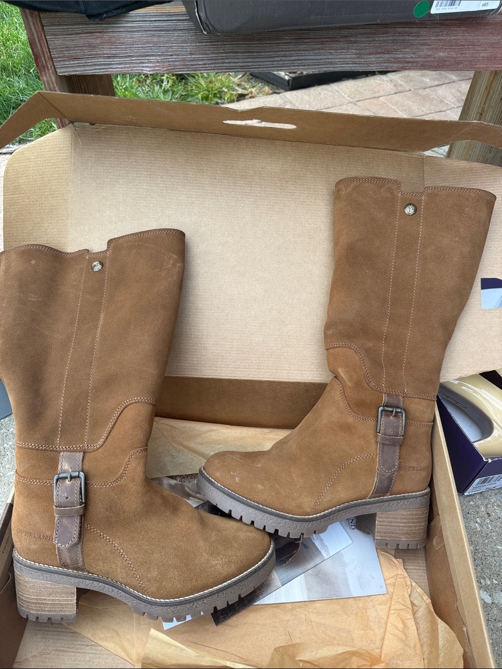 Women’s Tan Suede Mid-Calf Buckle Heeled Boots Stylish Warm Boots